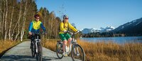 E-biker, bike path, lake, mountains