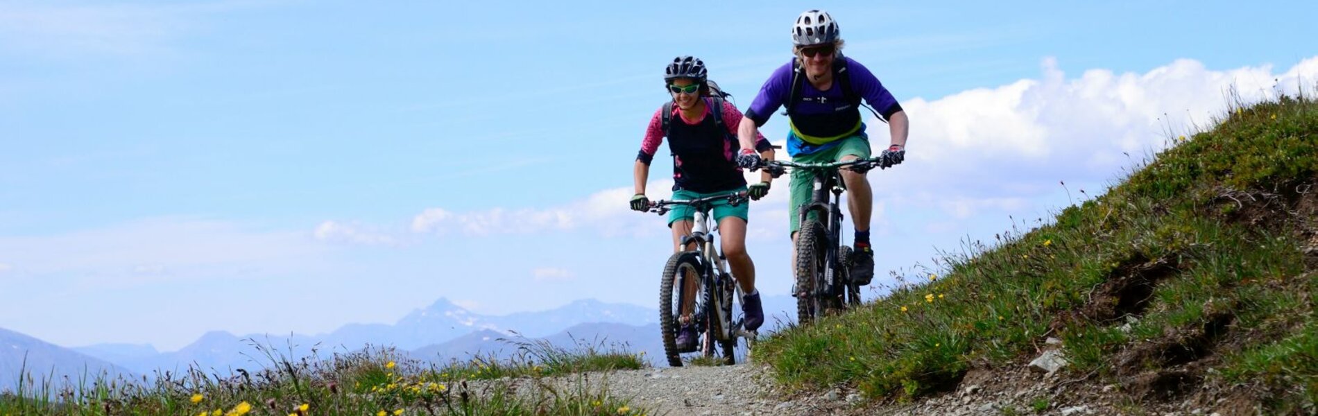 Zwei Mountainbiker, Singletrail, Wiese mit gelben Blumen