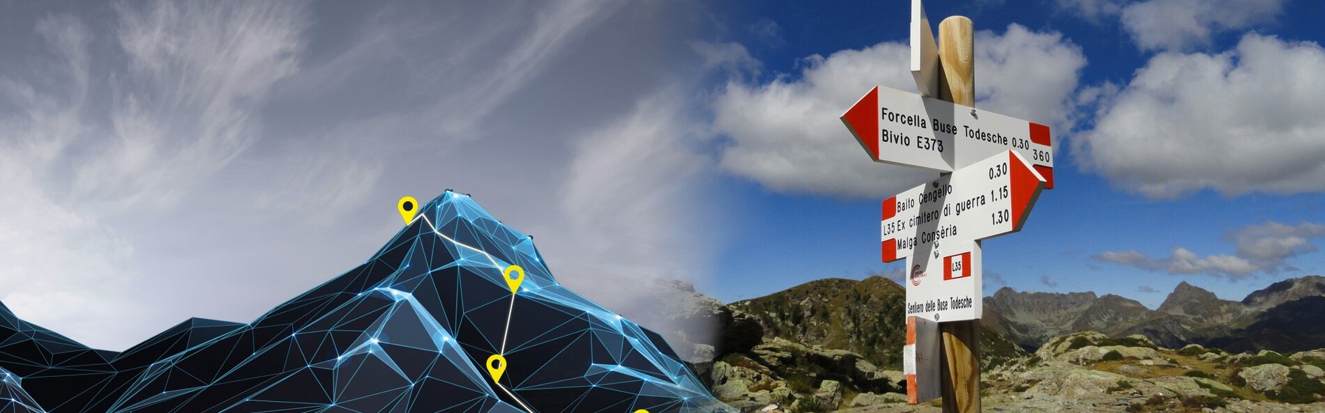 DIGIWAY-Projektbanner mit digital dargestellten Bergen, markierten Wegpunkten und einem alpinen Wegweiser in einer Gebirgslandschaft.