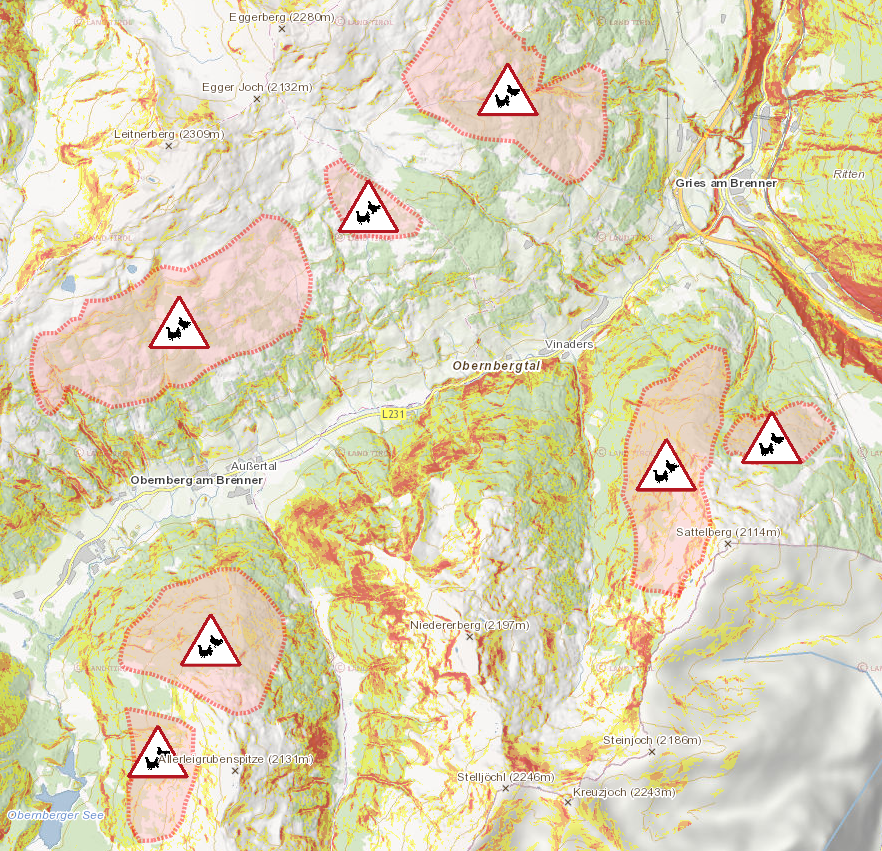 Kartenausschnitt aus TirisMobile Wildschutzzonen Obernberg