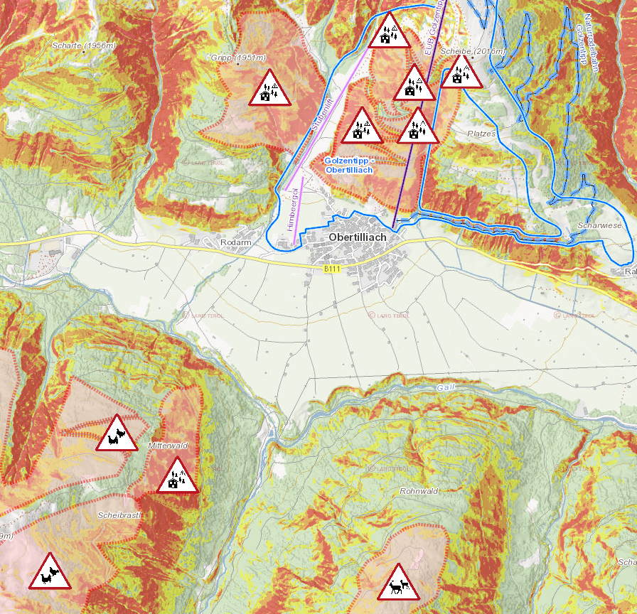 Kartenausschnitt Obertilliach Wild- und Waldschutzzonen