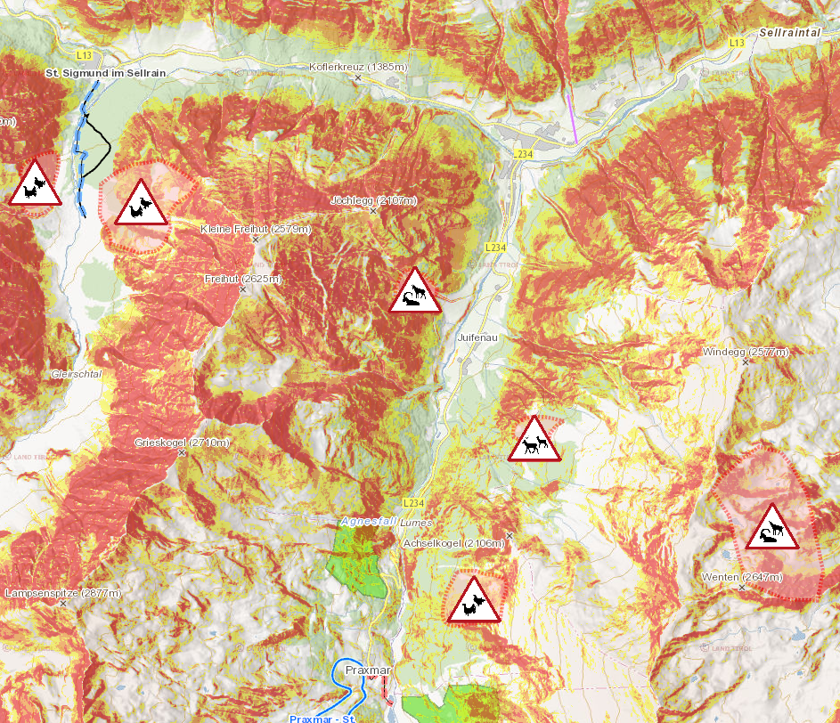 Kartenausschnitt der Wildschutzzonen im Sellraintal