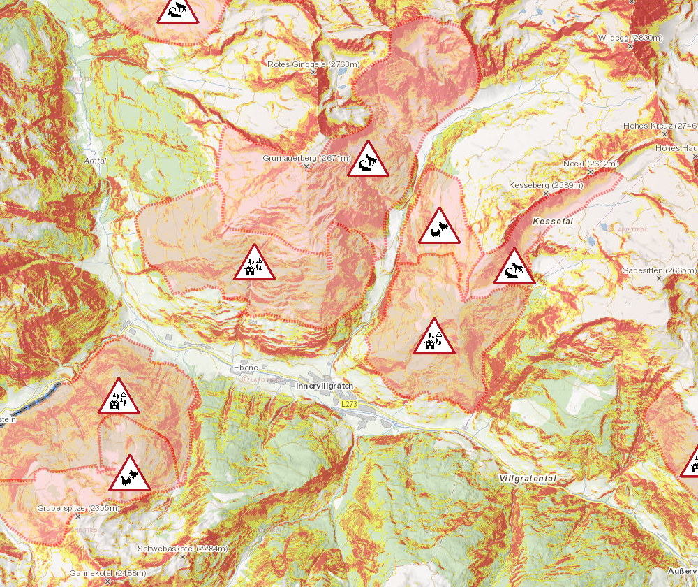 Kartenausschnitt der Wild- und Waldschutzzonen Villgratental