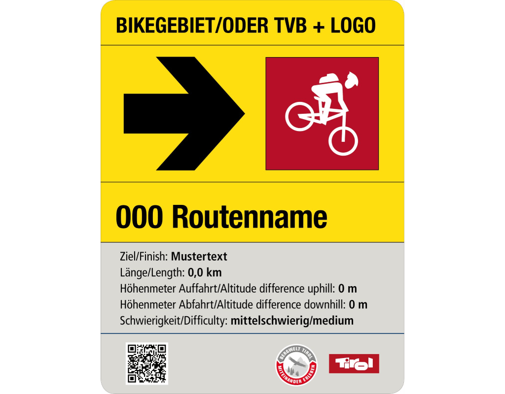 Ausgangsschild für Singletrails. Gelber Hintergrund und schwarzer Schrift. Die Informationen zum Trail sind auf dem unteren Teil mit grauer Hintergrundfarbe und schwarzer Schrift angeführt. Rotes Piktogramm für den mittelschwierigen Schwierigkeitsgrad.