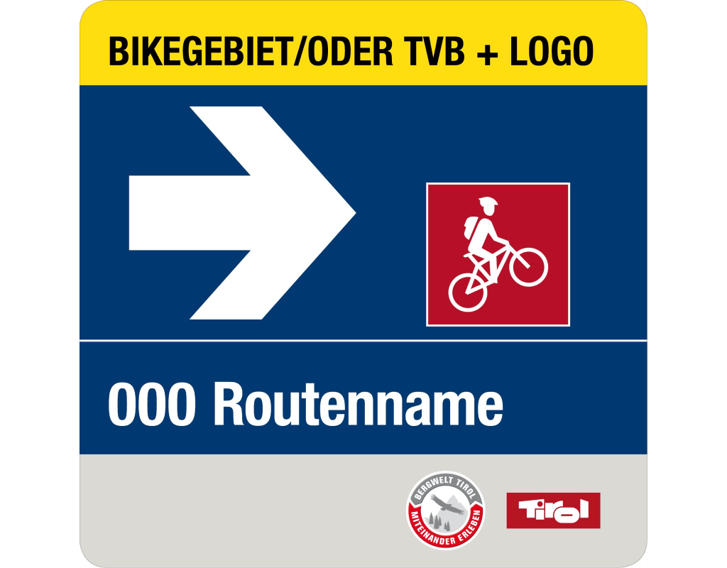 Richtungsschild MTB Route mit blauem Hintergrund mit Pfeil und Routenname und Nummer in weiß. Rotes Piktogramm für die Schwierigkeitsklasse mittelschwierig.