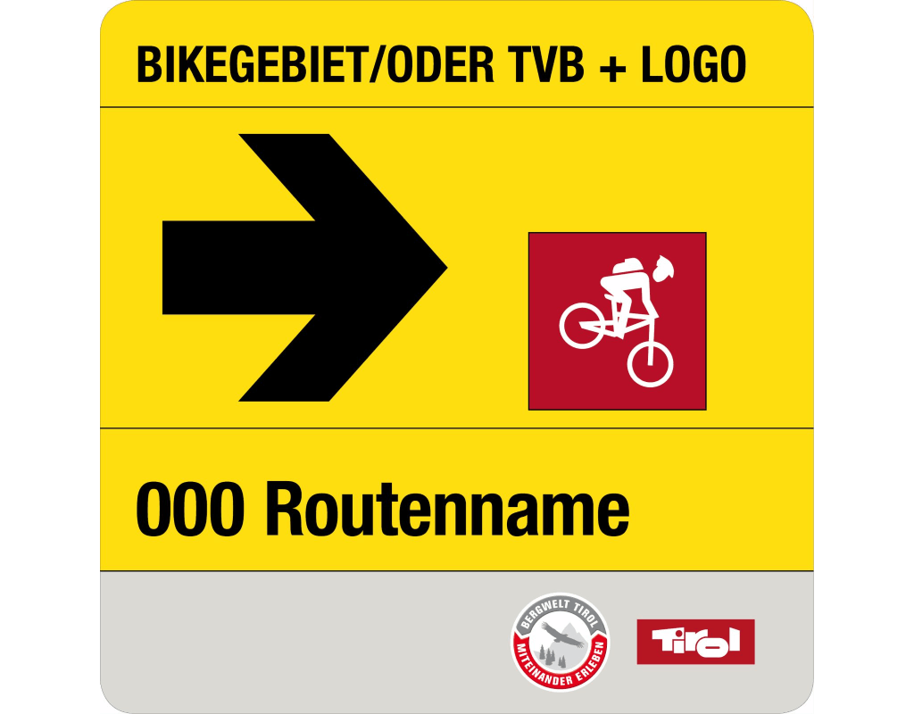Richtunngsschild Singletrail gelber Hintergrund schwarzer Schift. Größe 20 cm auf 20 cm.