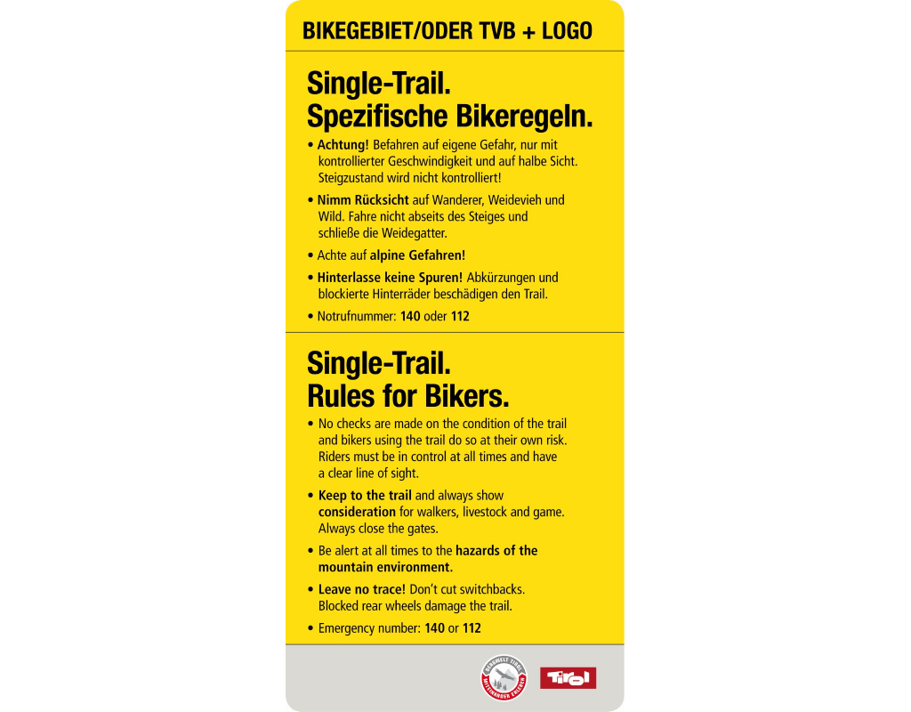 Spezifisches Verhaltensregeln für Singletrail. Gelber Hintergrund und schwarze Schrift.
