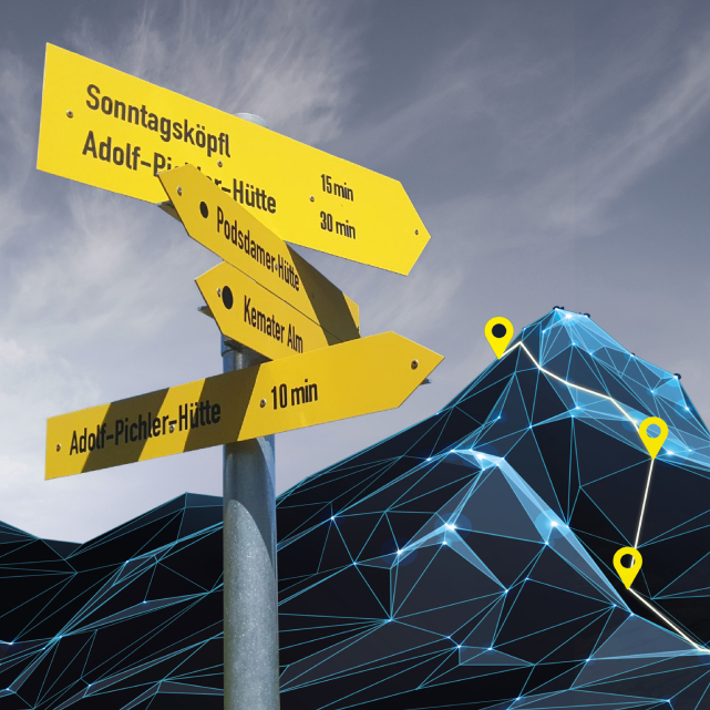 Wegweiser in alpiner Umgebung vor einer stilisierten digitalen Berglandschaft mit markierten Wegpunkten.